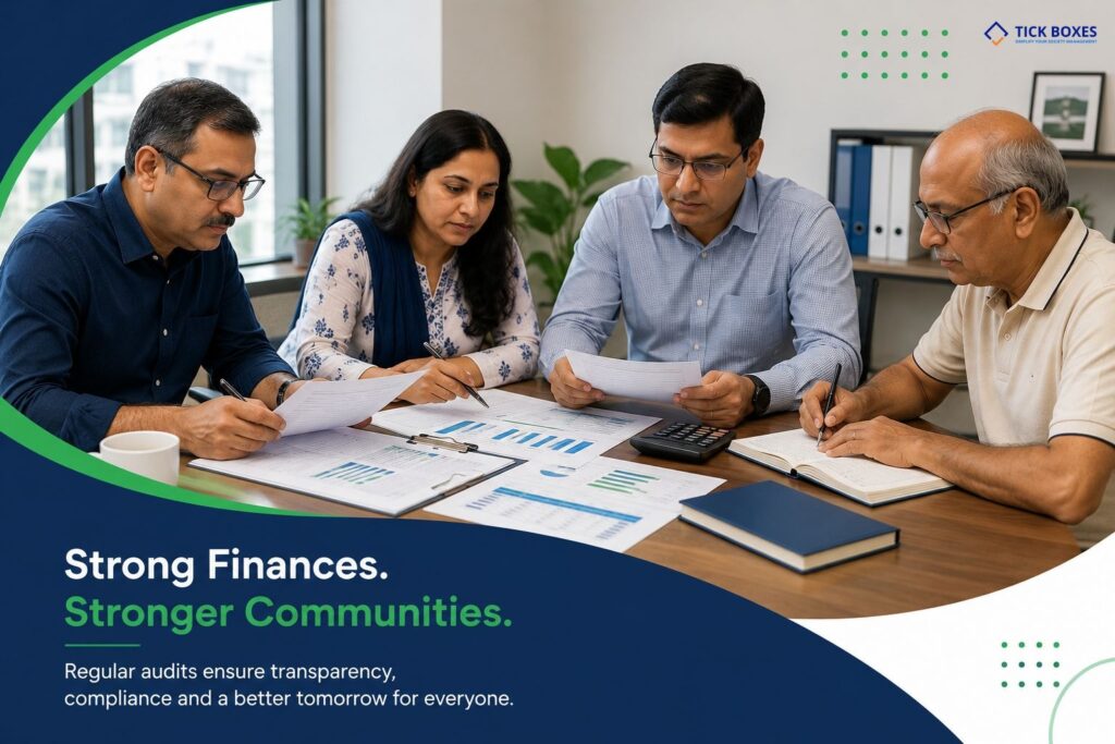 Housing society committee reviewing audit financial records