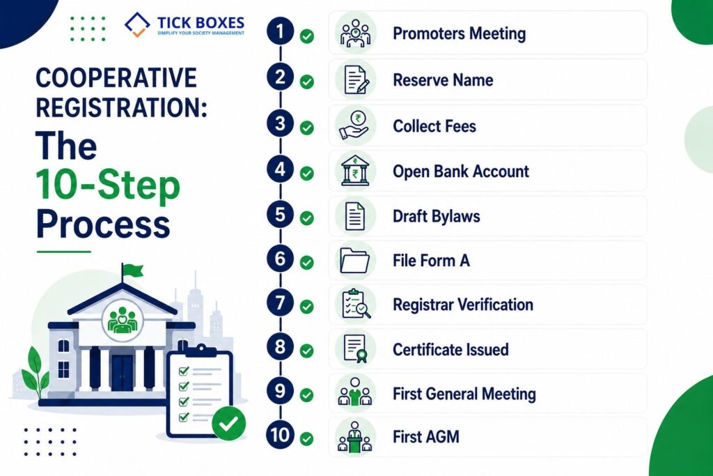 10-step process infographic for cooperative housing society registration