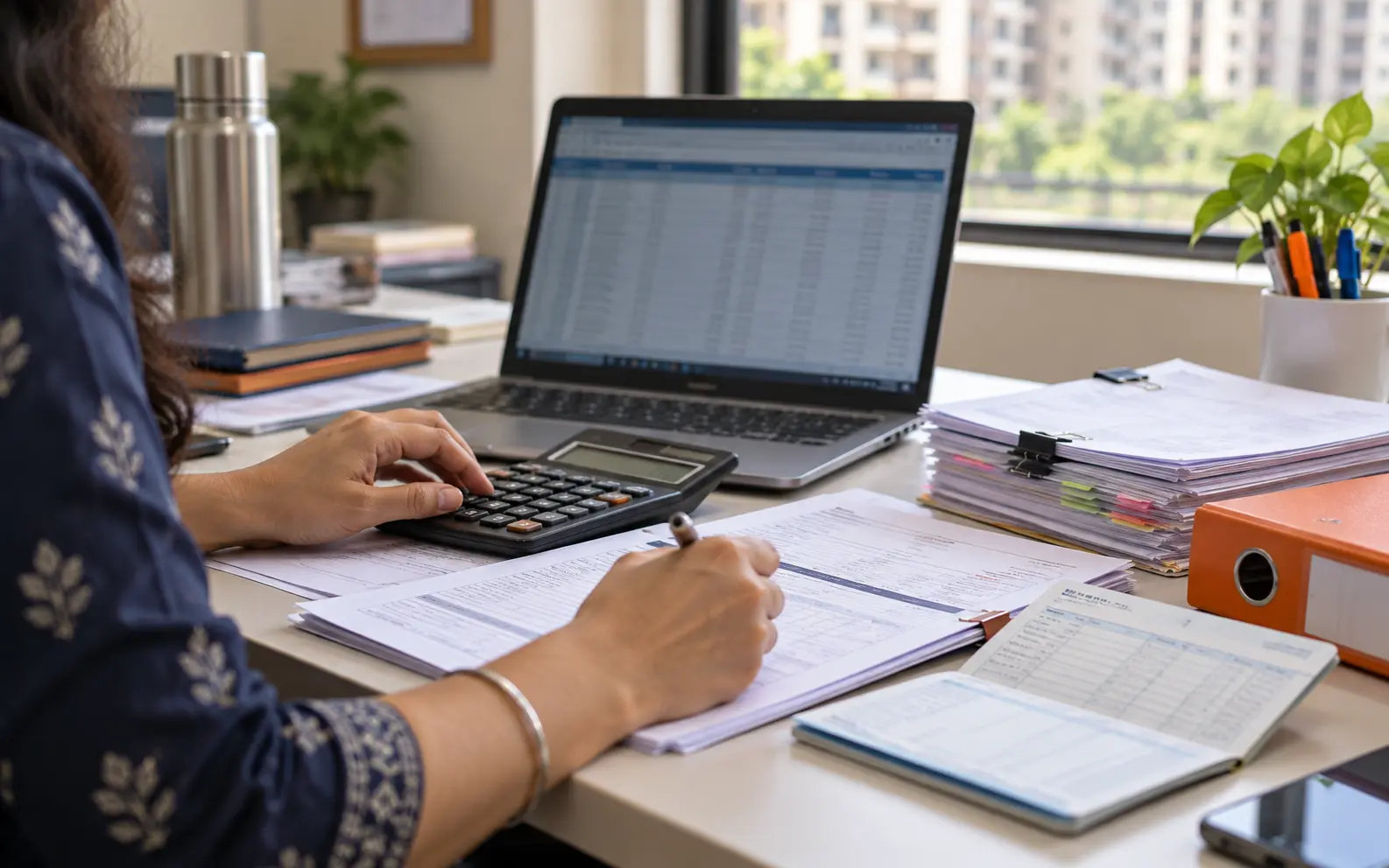 Accountant reviewing housing society maintenance bills and financial records