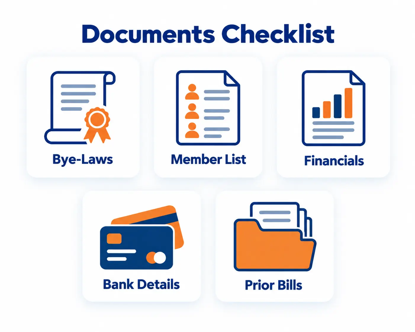 Documents checklist for society accounting: bye-laws, member list, financials, bank details, prior bills