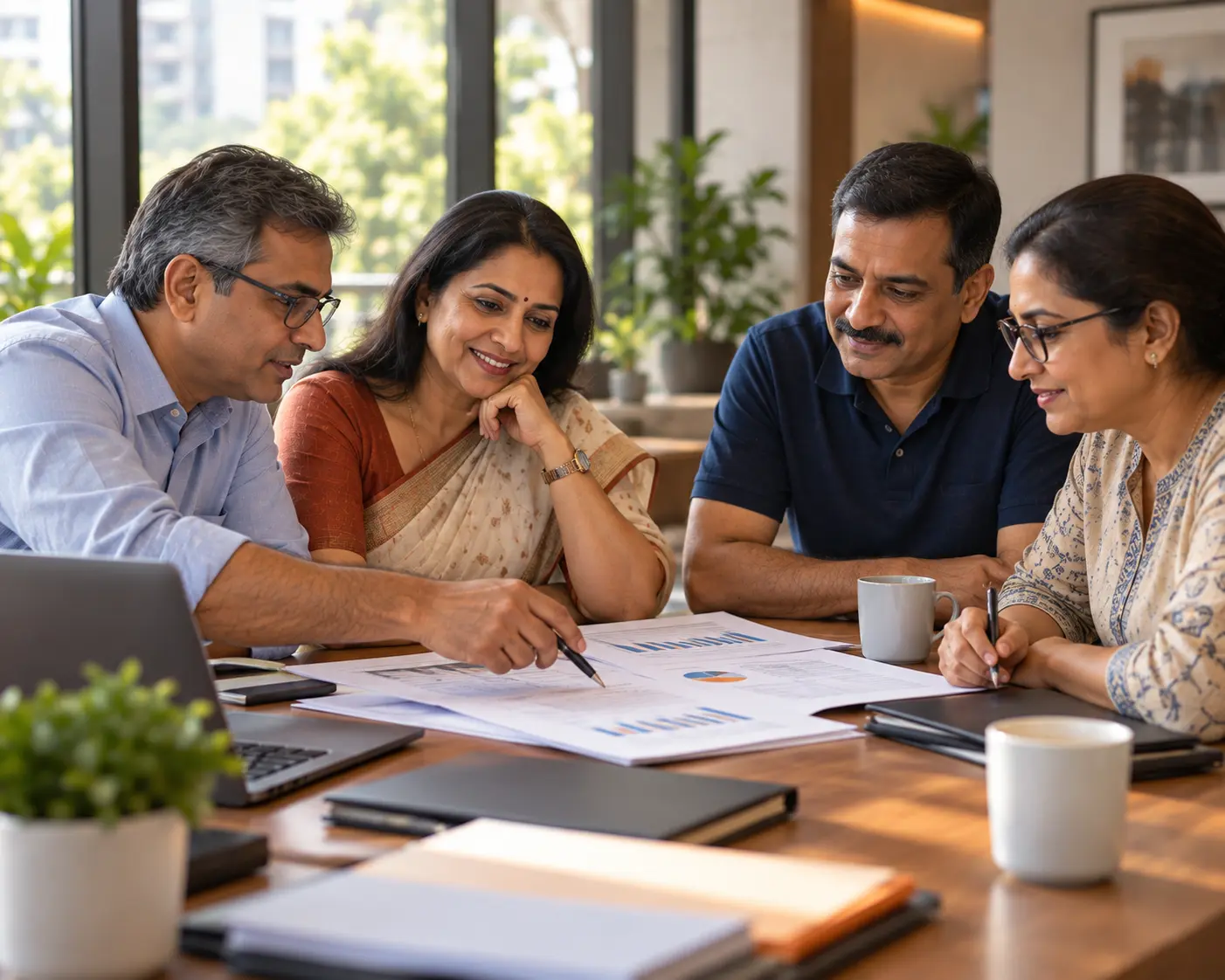 Managing committee members reviewing financial reports together