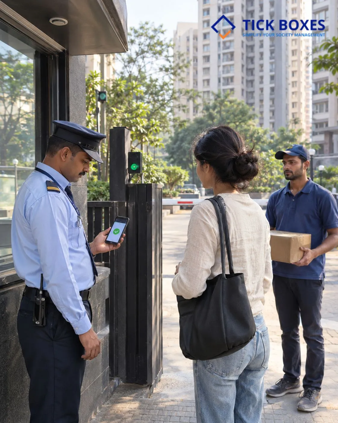 Illustration of a housing society gate with a visitor approval check on a smartphone and a digital entry log